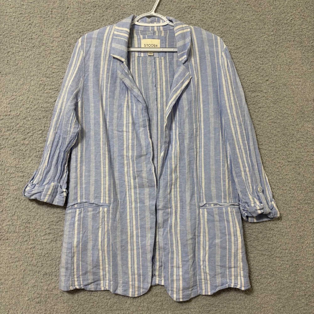 Linen Blend Striped Blazer Lightweight Layering Jacket Casual Work Open Front L